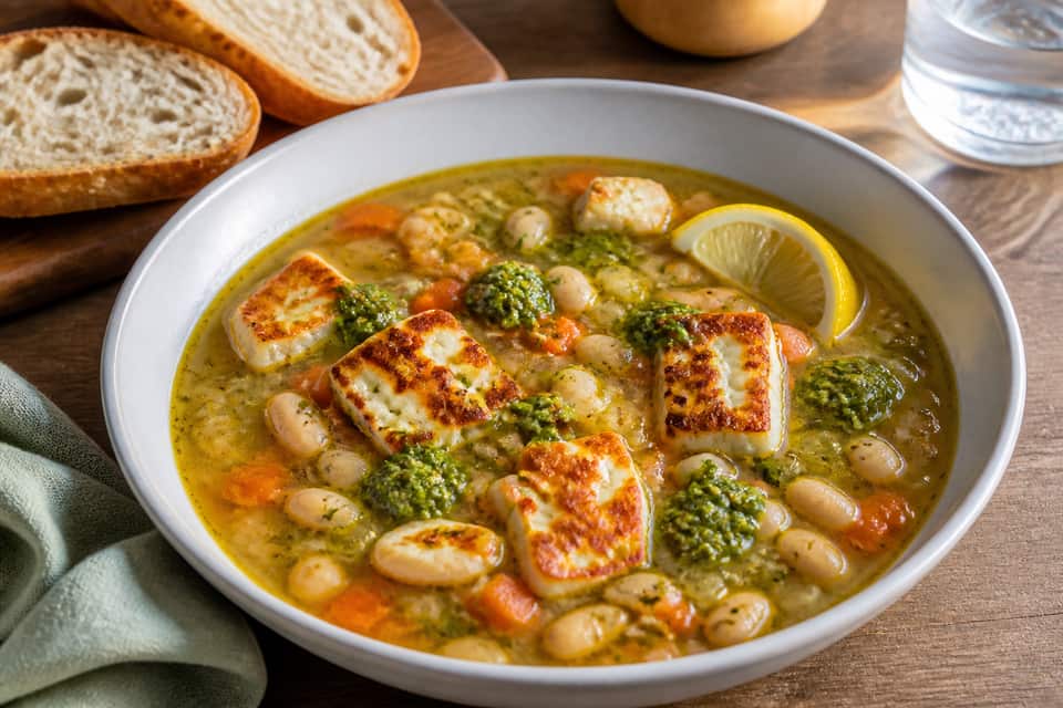 Halloumi Pesto Soup Pots plated and ready to serve.