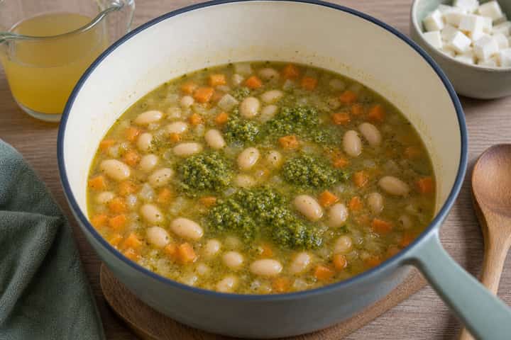 Halloumi Pesto Soup Pots cooking step 3: Build the flavour.