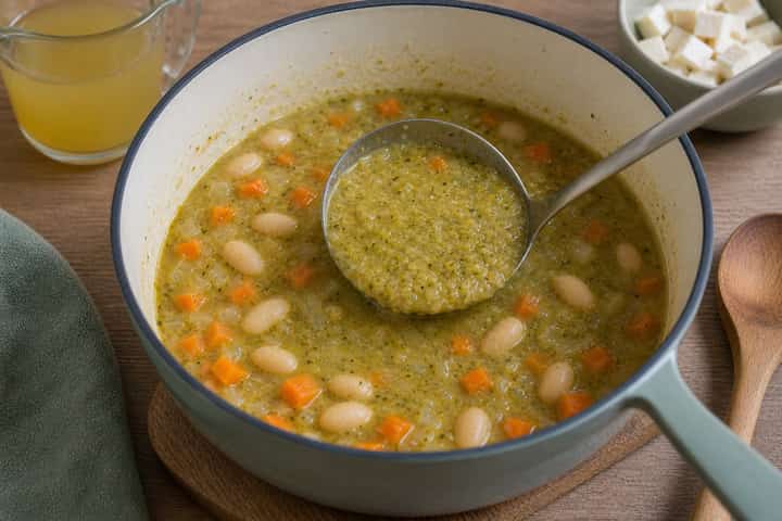 Halloumi Pesto Soup Pots cooking step 4: Bring it together.