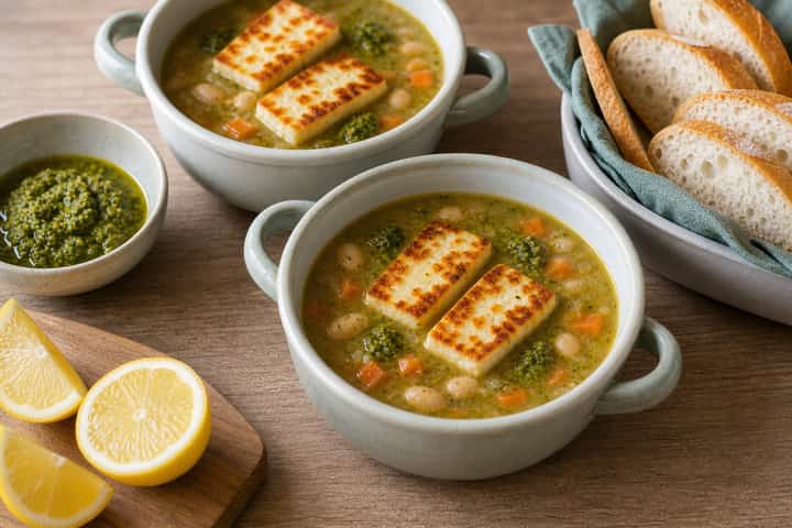 Halloumi Pesto Soup Pots cooking step 6: Serve.