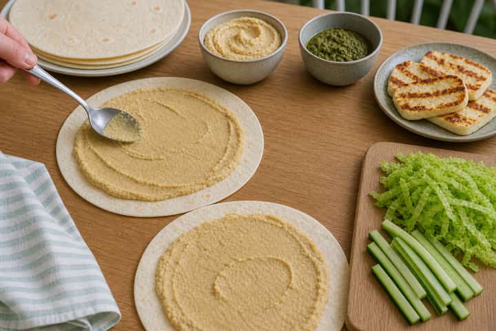 Halloumi Pesto Wraps cooking step 4: Bring it together.