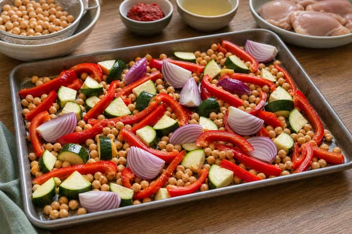 Harissa Chicken Couscous Traybake cooking step 1: Prep the tray.