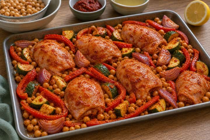 Harissa Chicken Couscous Traybake cooking step 2: Coat the chicken.