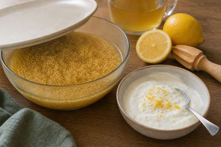 Harissa Chicken Couscous Traybake cooking step 4: Make the couscous and yogurt.