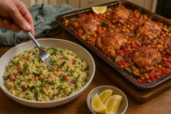 Harissa Chicken Couscous Traybake cooking step 5: Fluff and finish.