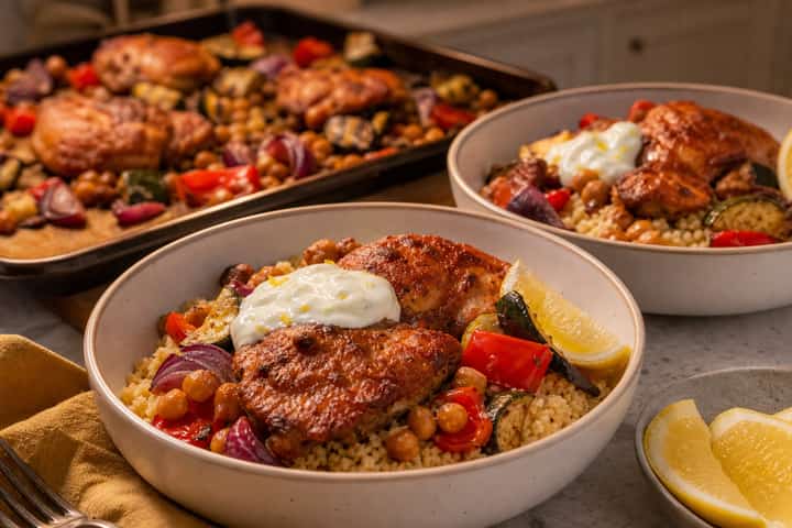 Harissa Chicken Couscous Traybake cooking step 6: Serve the bowls.