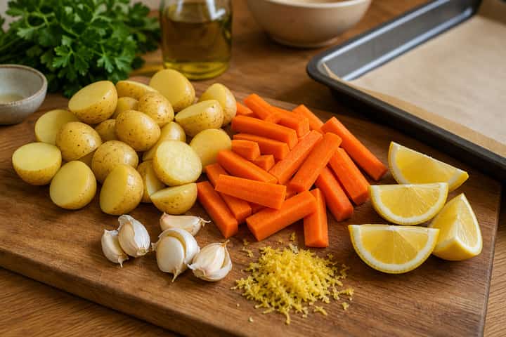 Lemon Chicken Pea Potato Traybake cooking step 1: Prep the tray.