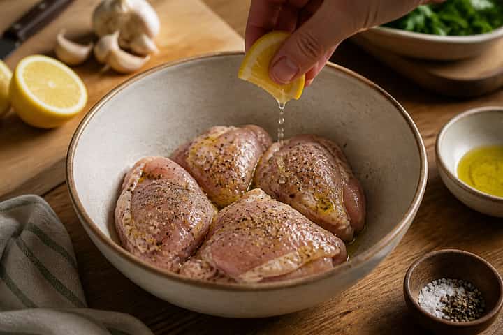 Lemon Chicken Pea Potato Traybake cooking step 3: Season the chicken.