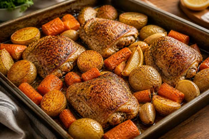 Lemon Chicken Pea Potato Traybake cooking step 4: Roast the chicken.