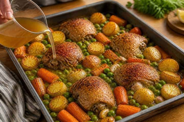 Lemon Chicken Pea Potato Traybake cooking step 5: Add peas and pan juices.