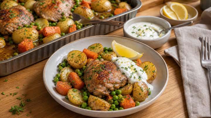 Lemon Chicken Pea Potato Traybake cooking step 6: Serve with lemon yogurt.