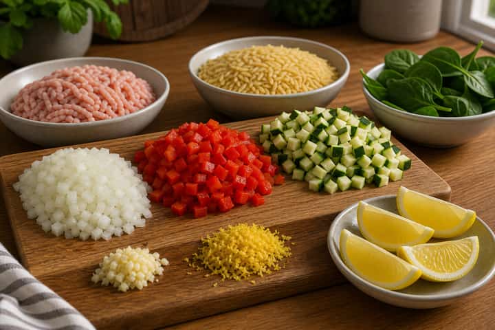 Lemon Turkey Pepper Orzo cooking step 1: Prep the vegetables.