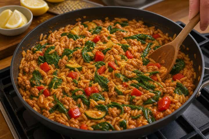 Lemon Turkey Pepper Orzo cooking step 5: Finish with spinach.