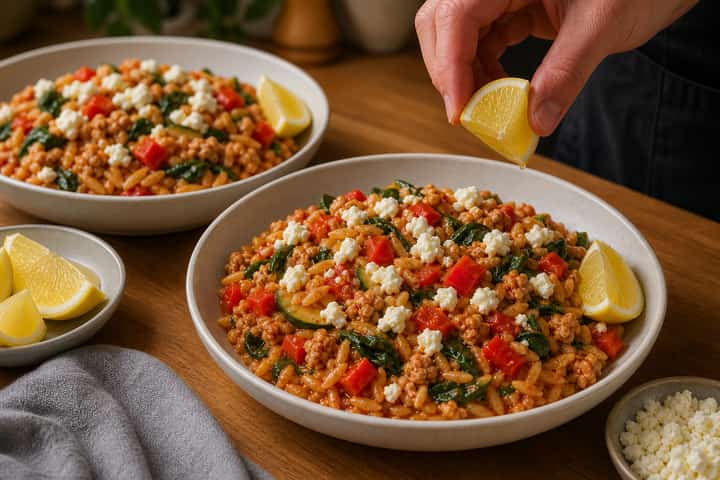 Lemon Turkey Pepper Orzo cooking step 6: Serve with feta.