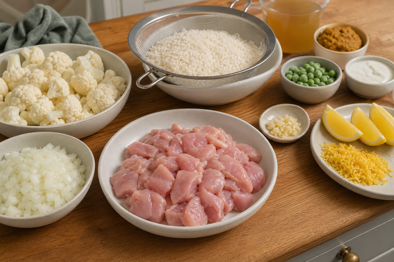 Mild Chicken Korma Rice Skillet cooking step 1: Prep the chicken and vegetables.