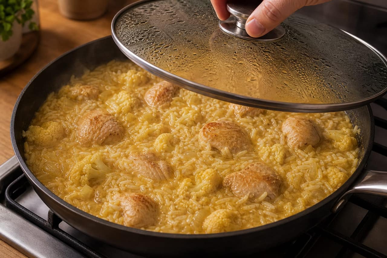 Mild Chicken Korma Rice Skillet cooking step 4: Simmer the rice.