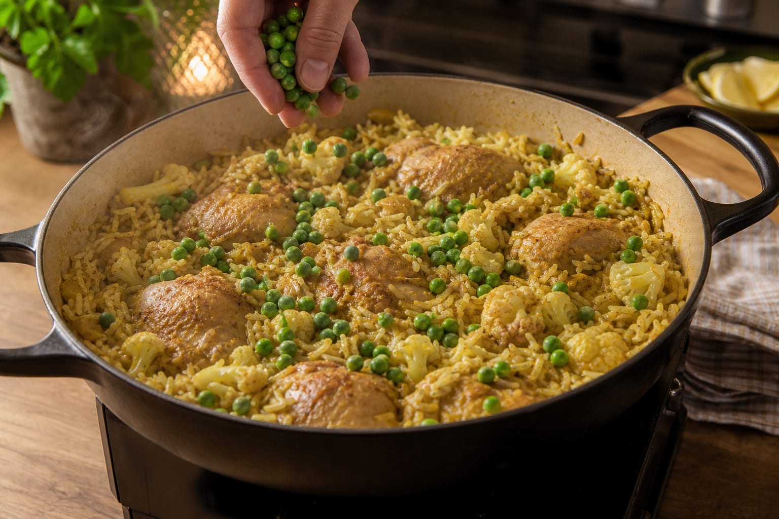 Mild Chicken Korma Rice Skillet cooking step 5: Add peas and rest.