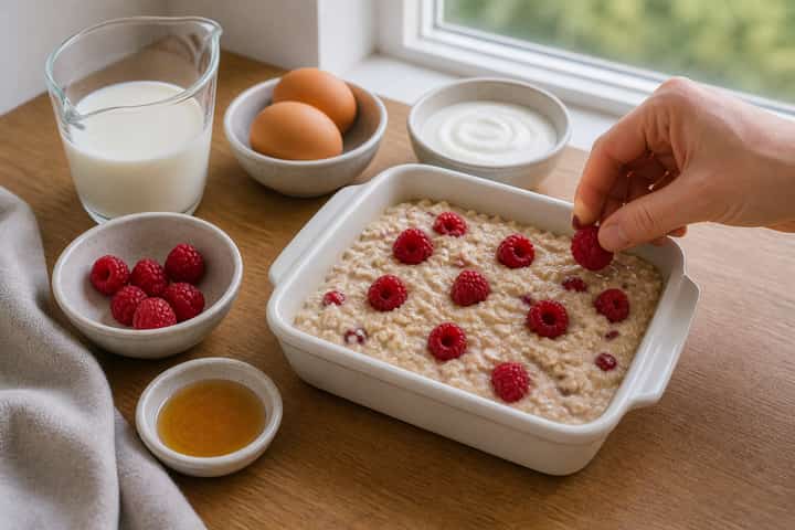 Raspberry Vanilla Baked Oats cooking step 4: Bring it together.