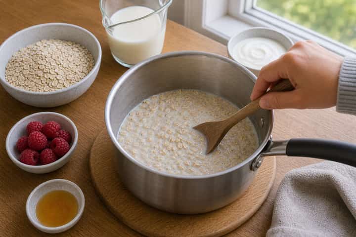 Raspberry Vanilla Porridge cooking step 2: Start cooking.