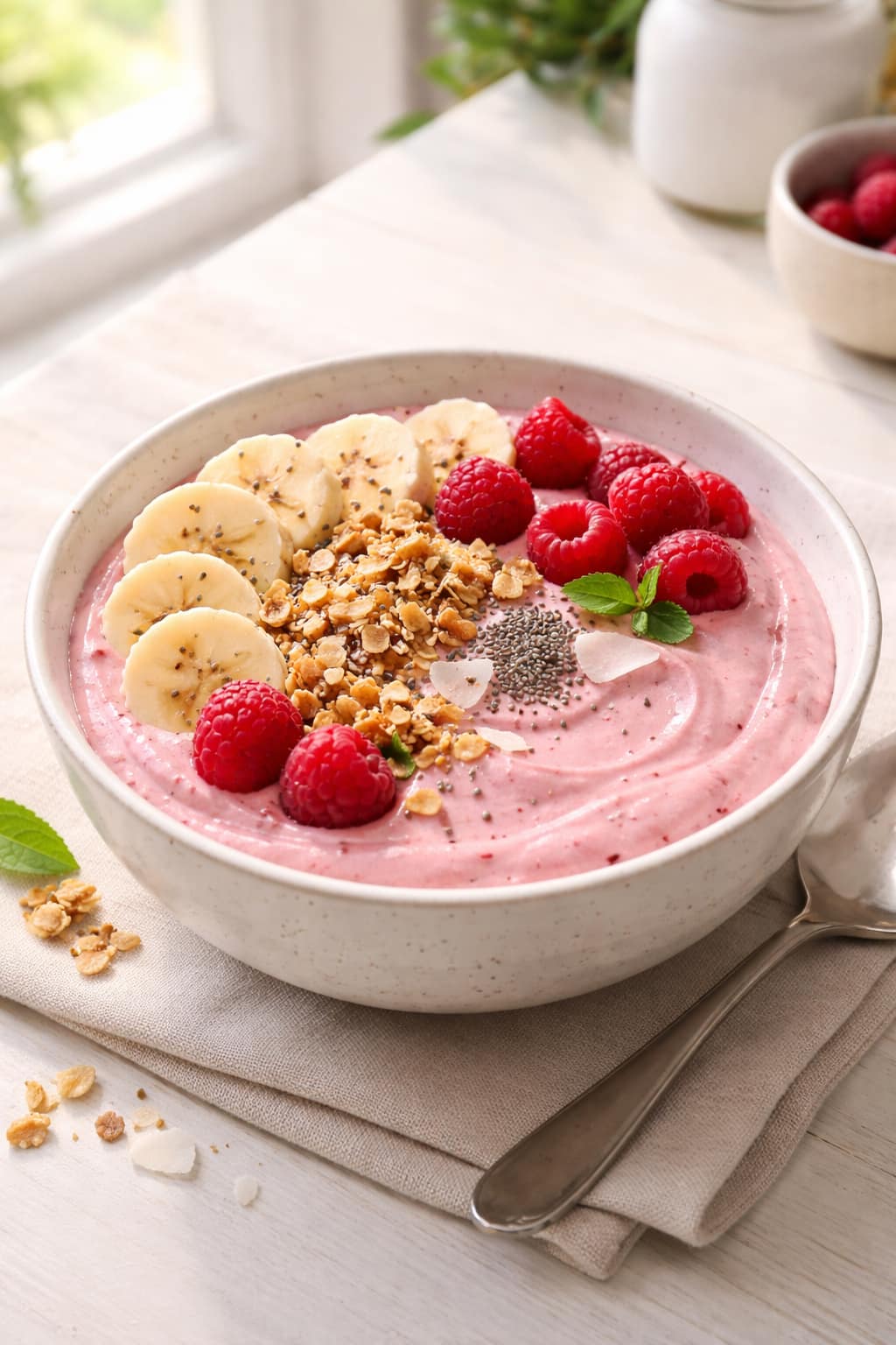 Raspberry Vanilla smoothie bowls topped with granola and fruit.