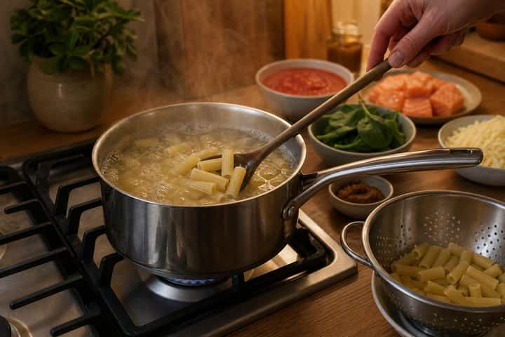 Salmon Miso Pasta Bake cooking step 2: Start cooking.