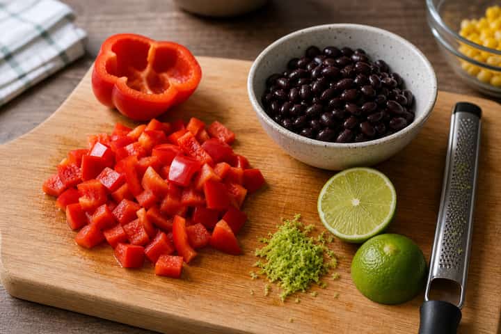 Smoky Beef Bean Rice cooking step 1: Prep the vegetables.