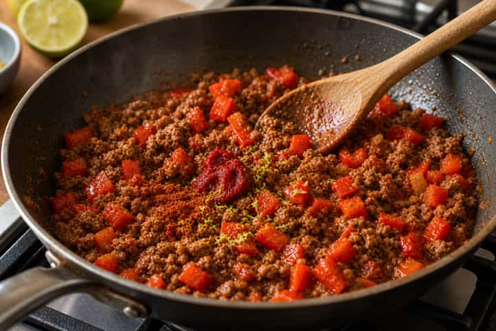 Smoky Beef Bean Rice cooking step 3: Build the flavour.