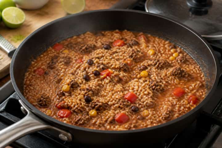 Smoky Beef Bean Rice cooking step 4: Simmer the rice.