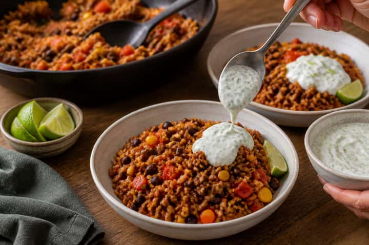 Smoky Beef Bean Rice cooking step 6: Serve with lime yogurt.