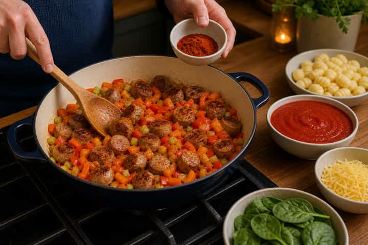 Smoky Sausage Gnocchi cooking step 3: Build the flavour.