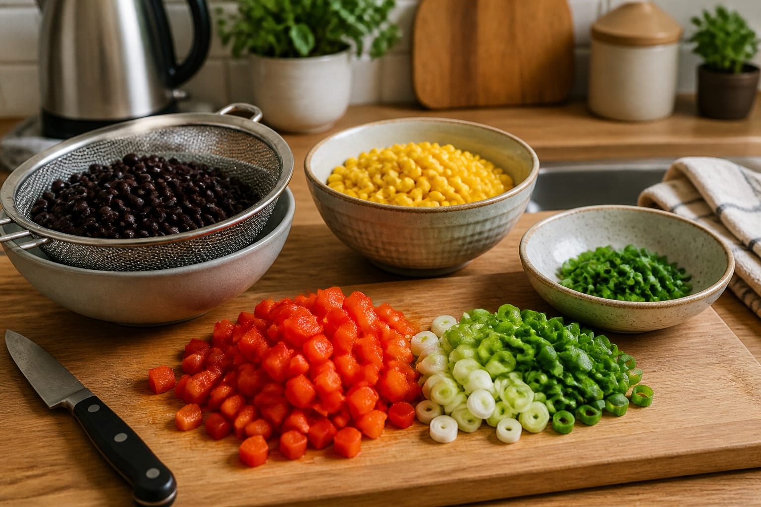 Smoky Turkey Bean Rice cooking step 1: Prep the veg and tins.