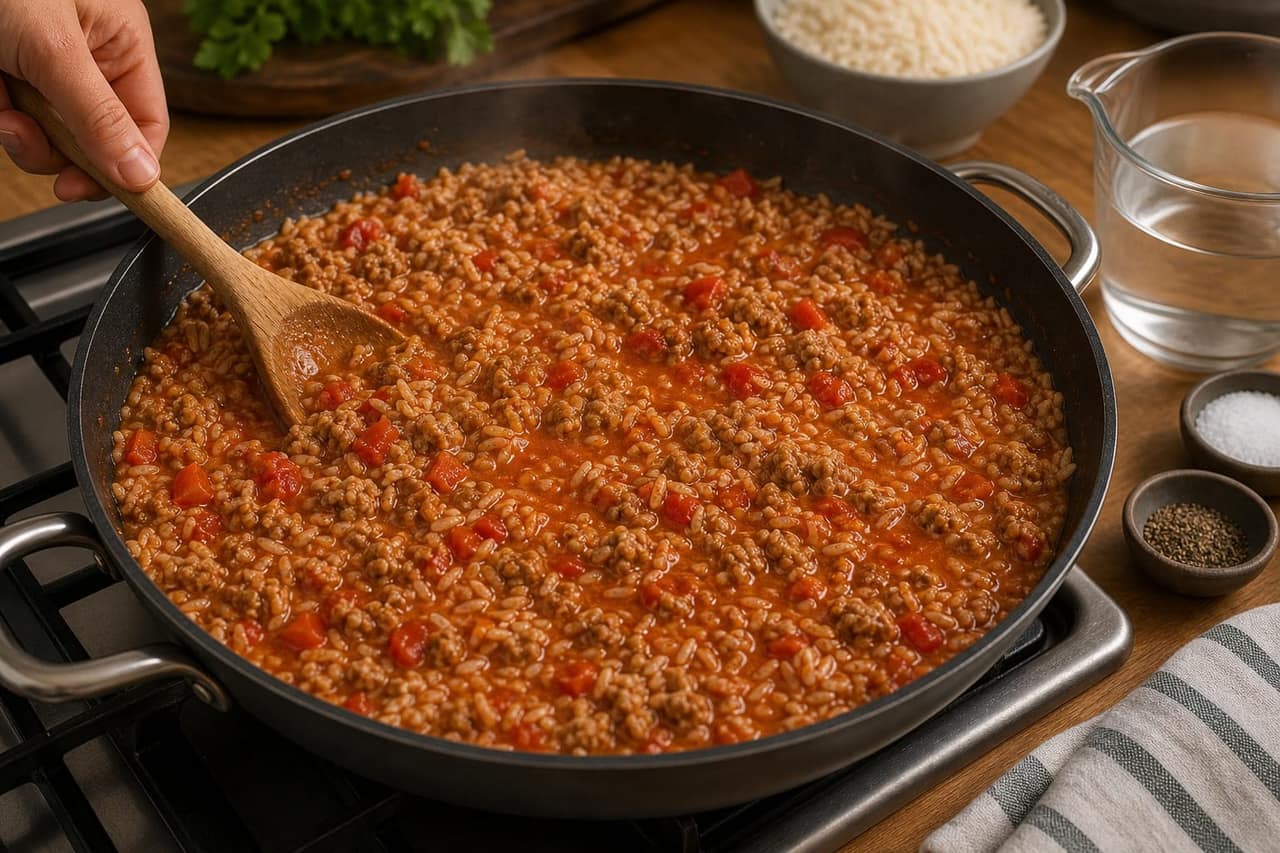 Smoky Turkey Bean Rice cooking step 4: Add the rice and sauce.