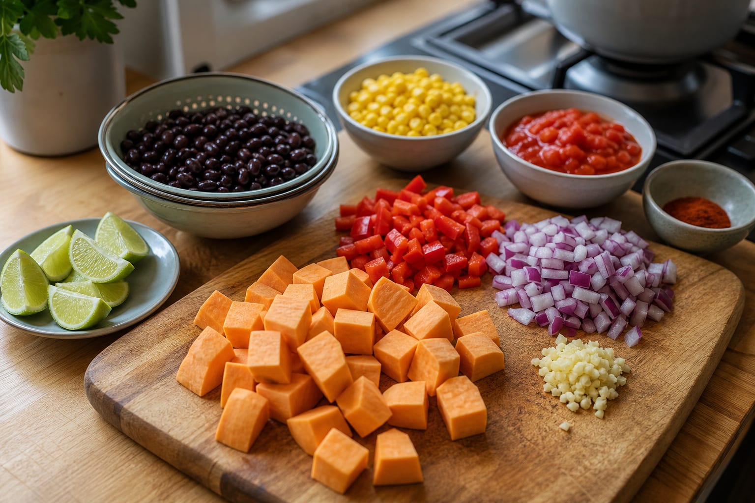 Smoky Turkey Sweet Potato Bowls cooking step 1: Prep the vegetables.