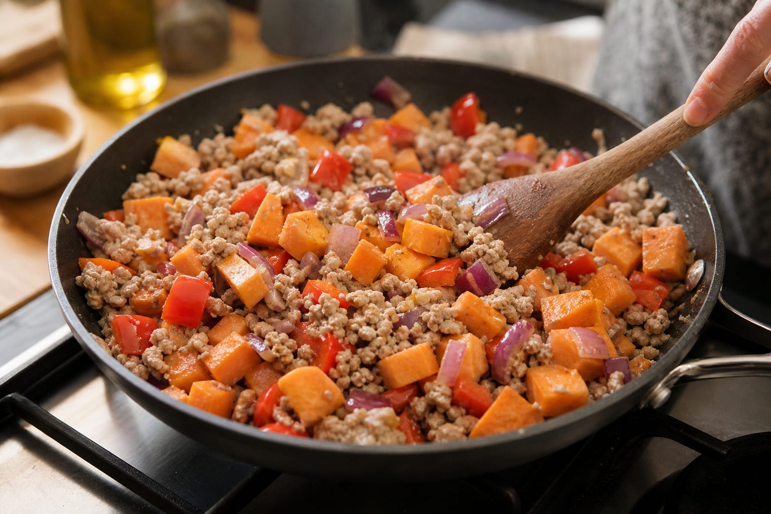 Smoky Turkey Sweet Potato Bowls cooking step 3: Soften the vegetables.