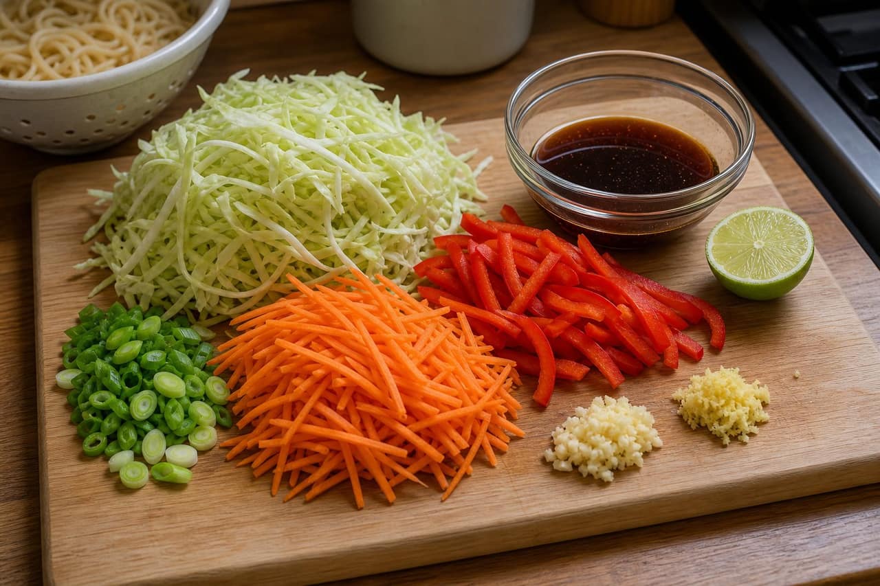 Sticky Pork Noodle Stir Fry cooking step 1: Prep the veg.