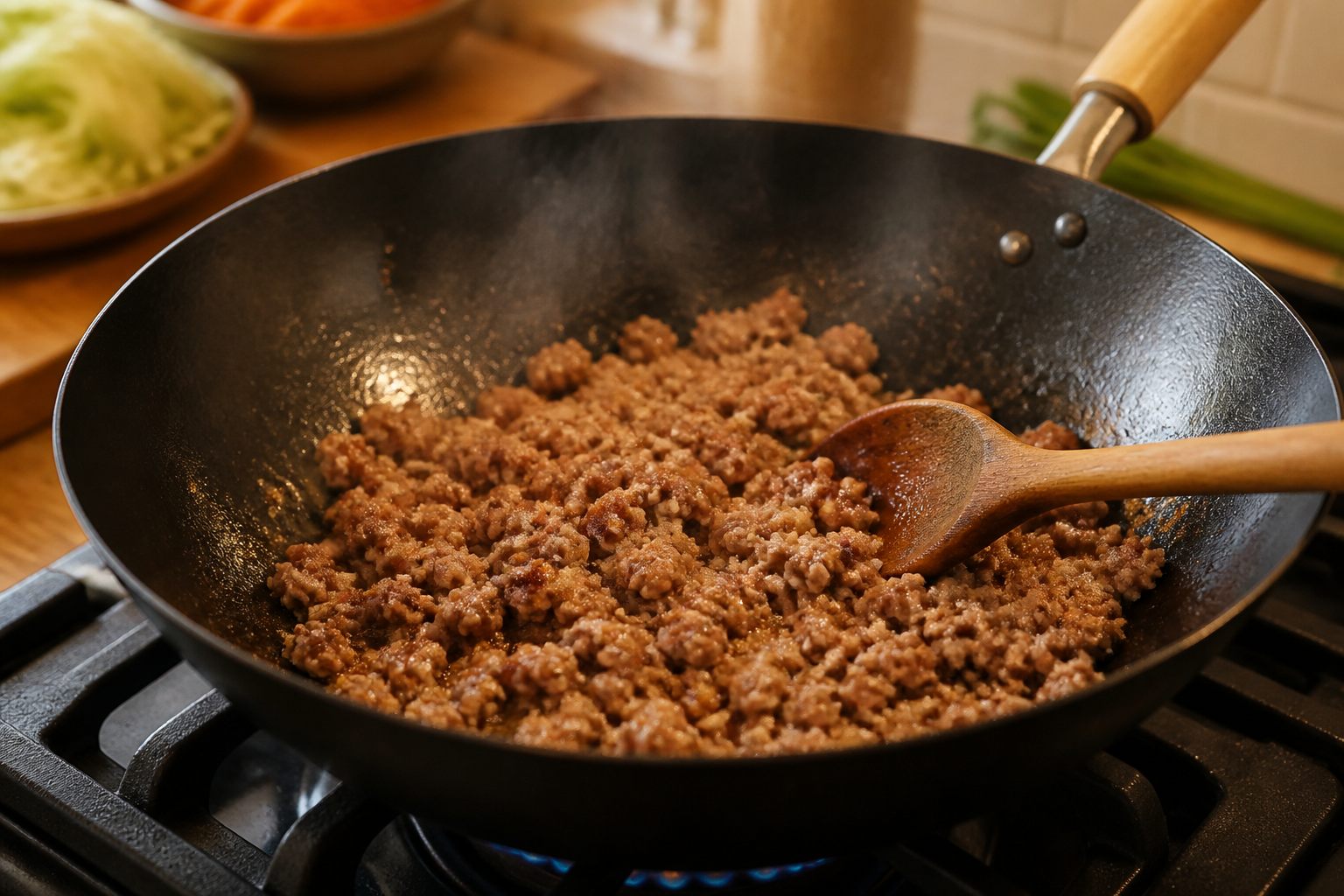 Sticky Pork Noodle Stir Fry cooking step 3: Brown the pork.