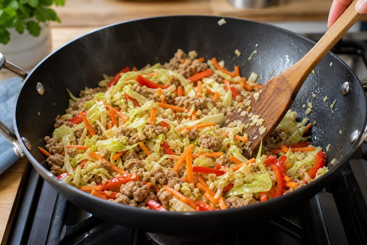 Sticky Pork Noodle Stir Fry cooking step 4: Add the veg.