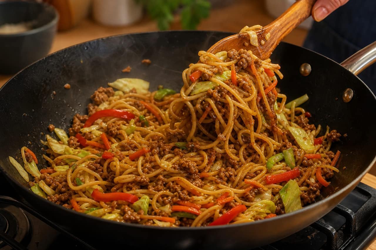 Sticky Pork Noodle Stir Fry cooking step 5: Glaze the noodles.