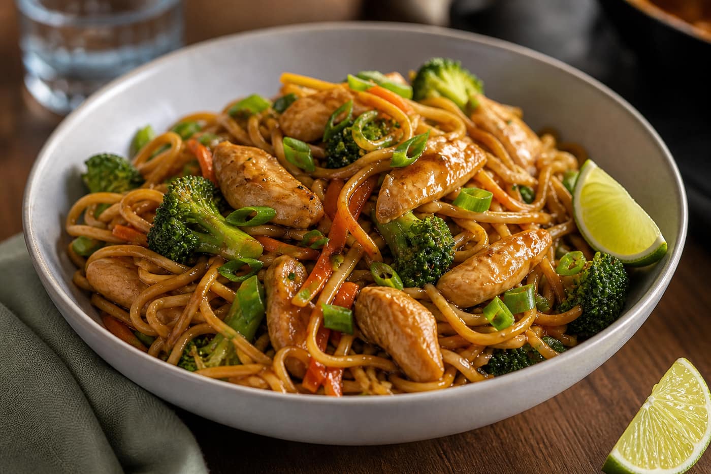Sticky Soy Chicken Noodles plated and ready to serve.
