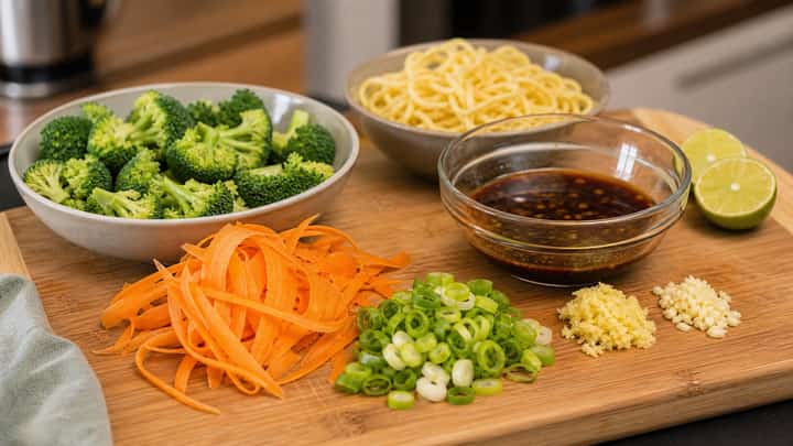 Sticky Soy Chicken Noodles cooking step 1: Prep the sauce and veg.