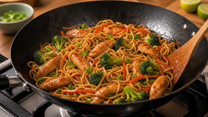 Sticky Soy Chicken Noodles cooking step 5: Glaze and toss.