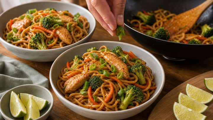 Sticky Soy Chicken Noodles cooking step 6: Serve the bowls.
