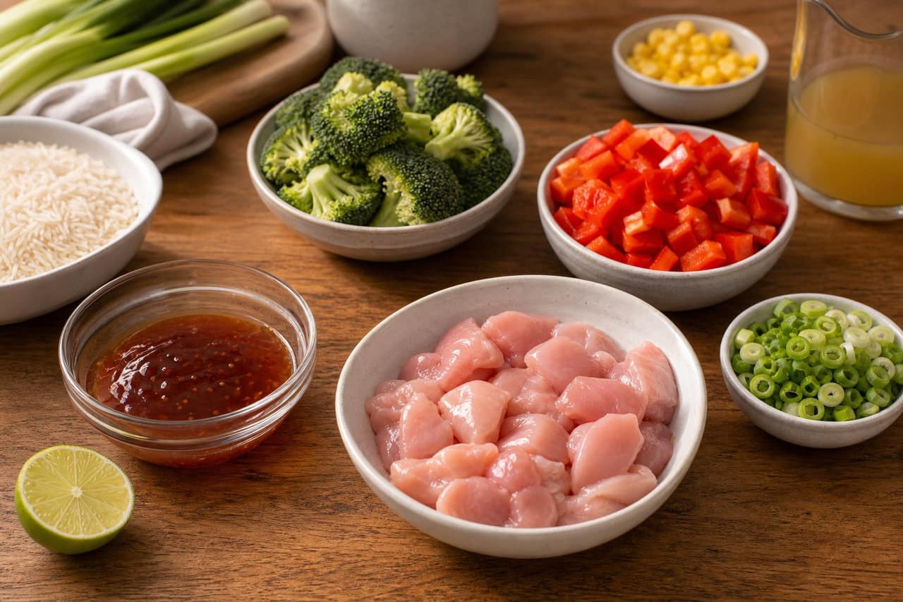 Sweet Chilli Chicken Rice Traybake cooking step 1: Prep the tray.