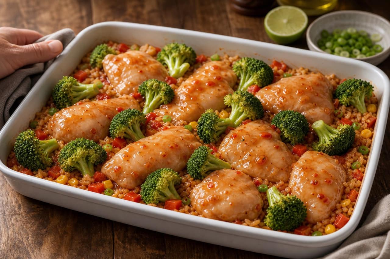 Sweet Chilli Chicken Rice Traybake cooking step 4: Bake the chicken.