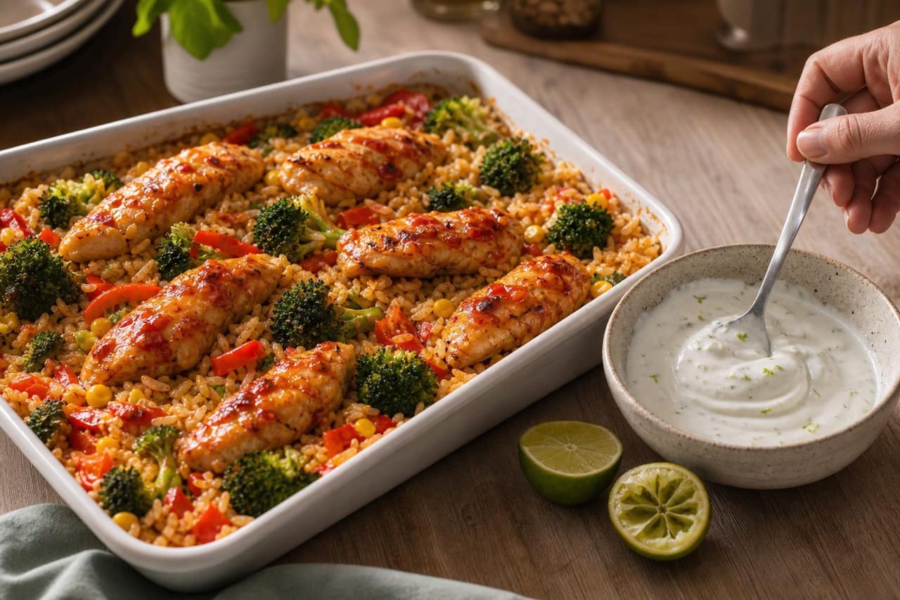 Sweet Chilli Chicken Rice Traybake cooking step 5: Rest and mix yogurt.