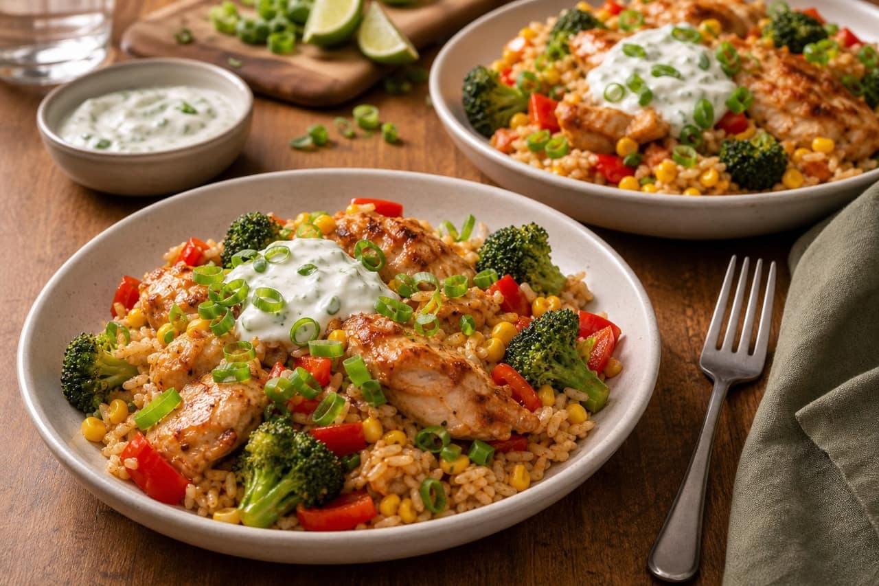 Sweet Chilli Chicken Rice Traybake cooking step 6: Serve.