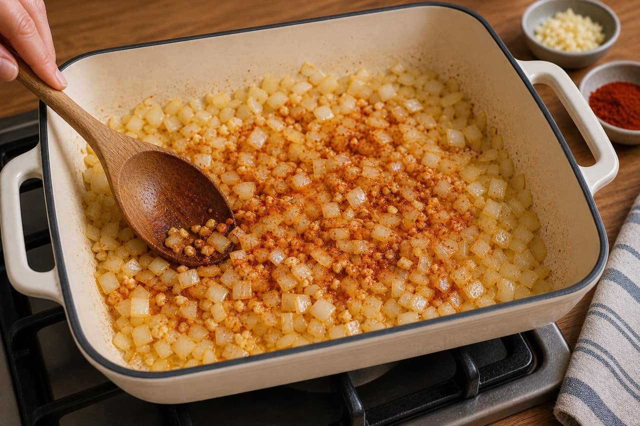 Tomato Chicken Orzo Bake cooking step 3: Build the flavour.
