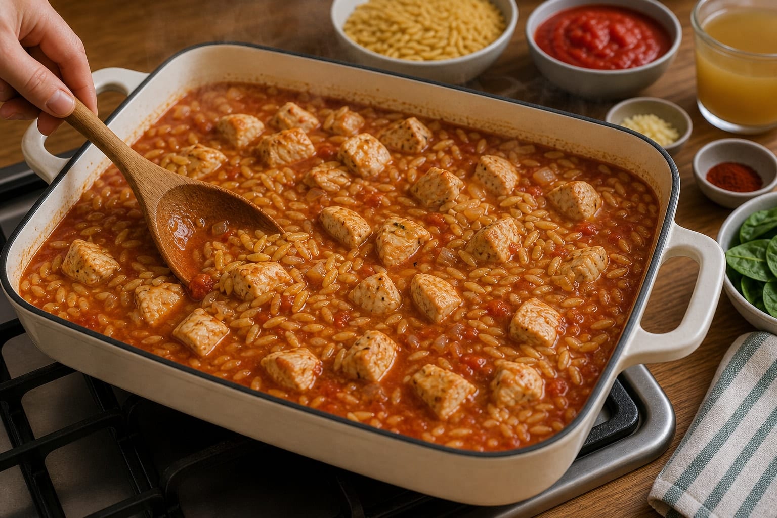 Tomato Chicken Orzo Bake cooking step 4: Bring it together.