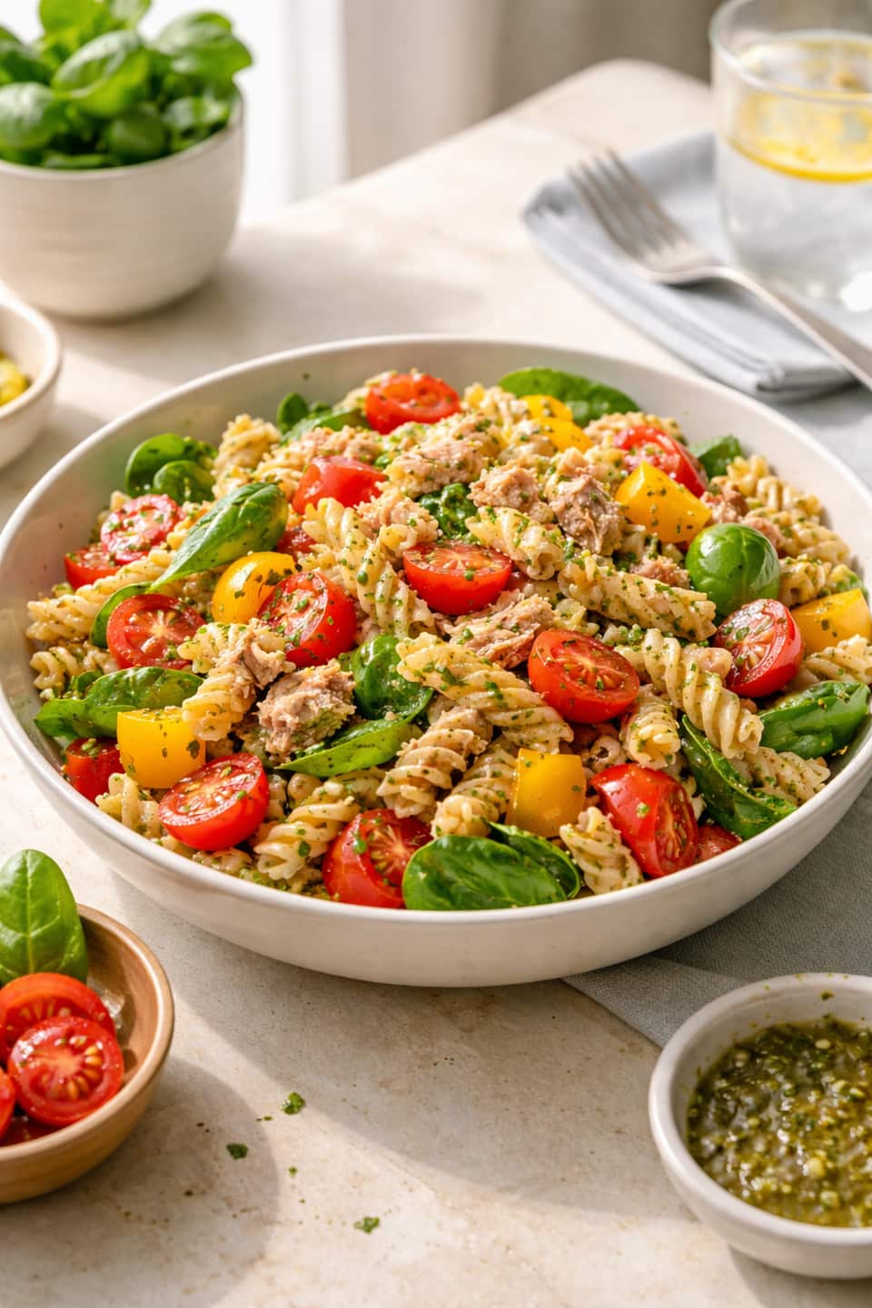 Tuna Pepper Pasta Salad plated and ready to serve.