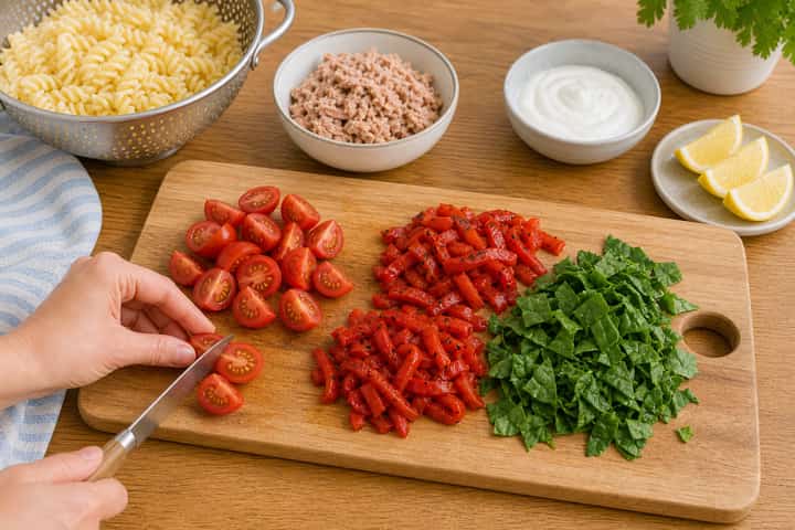Tuna Pepper Pasta Salad cooking step 2: Start cooking.